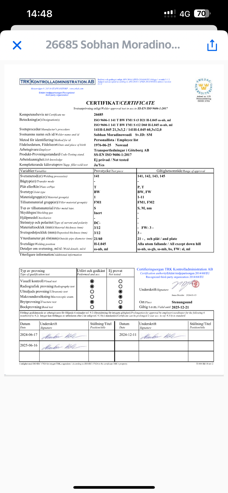 Svetsarprövning enligt SS-EN ISO 9606-1:2017